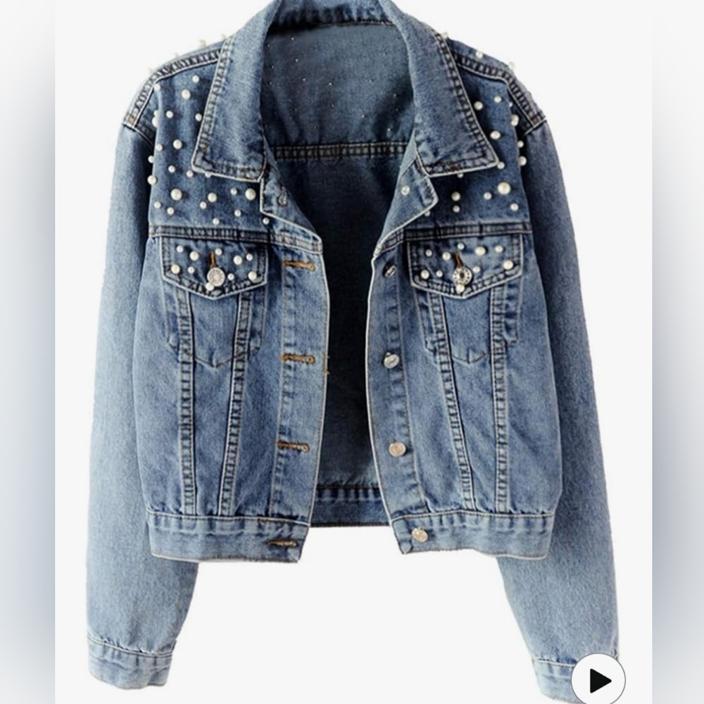 Women's Blue Denim Jacket with Pearl Accents